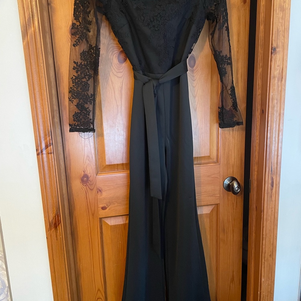 Black Lace-Sleeve Jumpsuit with Waist Tie